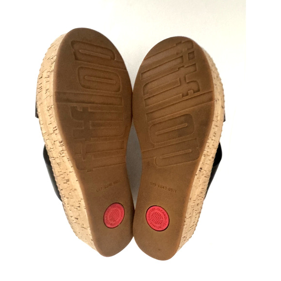 FitFlop Eloise Slide Sandals 11 Criss-Cross Black Leather Cork Wedge Comfort - Picture 11 of 12